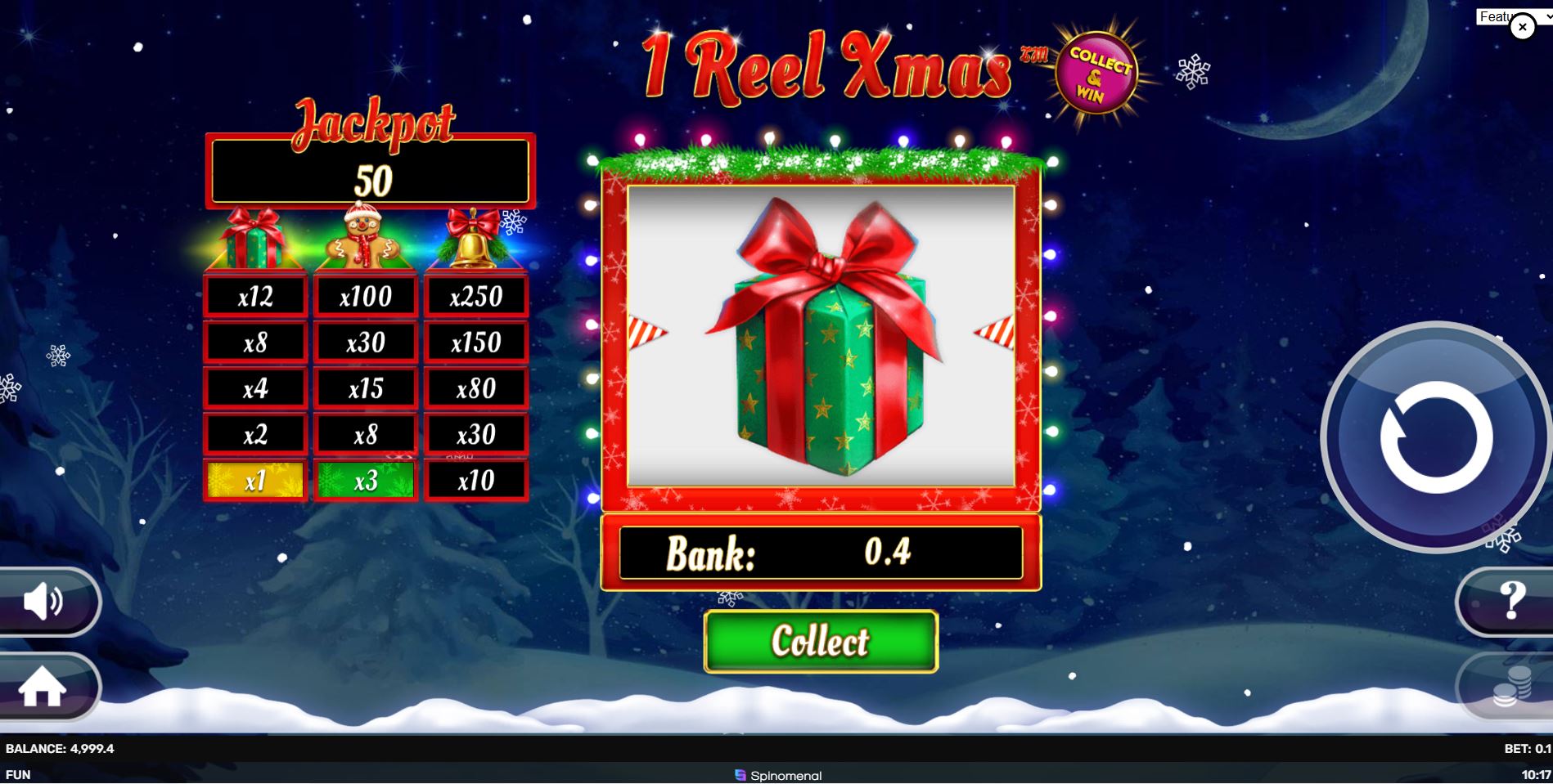 The main game screen of the 1 Reel Xmas slot, showing the single reel and empty prize ladders at the start of a session.