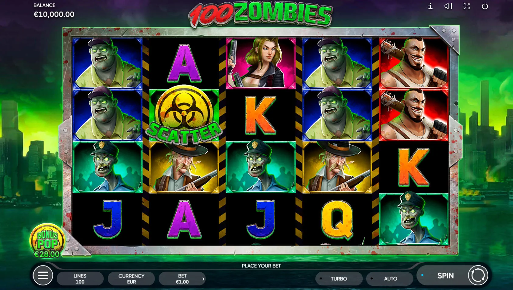 The 5x4 game grid of the 100 Zombies slot in the base game, showing character symbols and stacked wilds creating a winning payline.