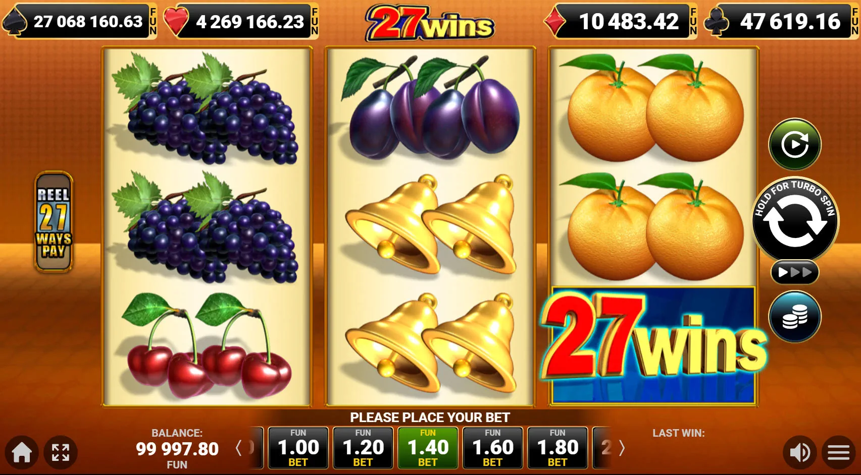 The 3x3 reel layout of the 27 Wins classic slot, showing various fruit symbols on the grid, representing the base gameplay.