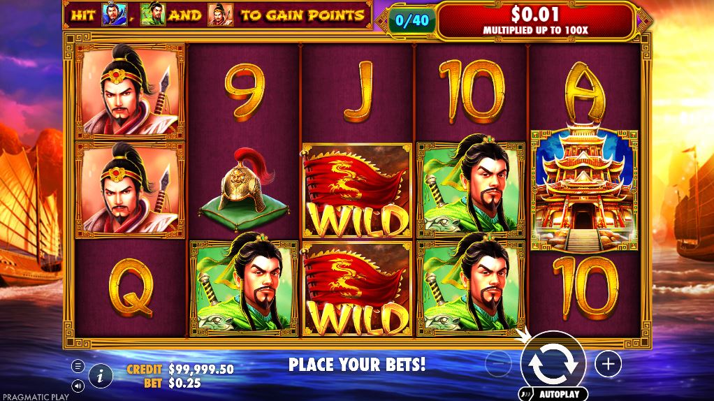Base game view of 3 Kingdoms – Battle of Red Cliffs slot with historical symbols.