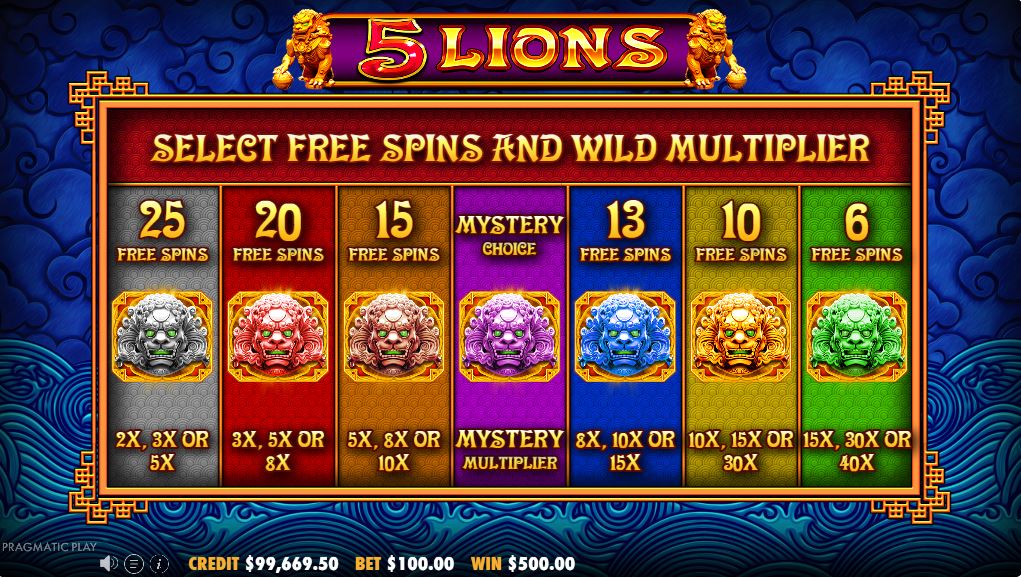 The free spins selection screen in the 5 Lions slot, displaying the seven choices of spins and multiplier ranges.