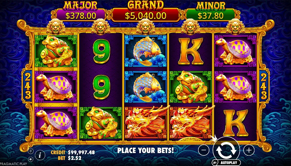 The 5 Lions Gold slot machine's main 5x3 game grid, showcasing the ornate Asian design and mythological animal symbols, illustrating the game's high-quality graphics.