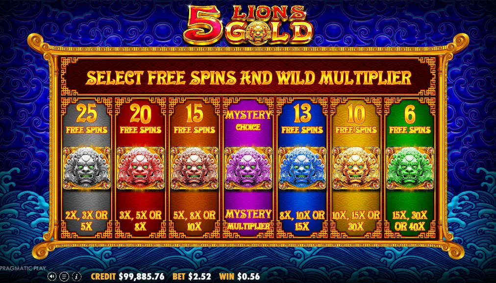 The Free Spins selection screen in 5 Lions Gold displaying all seven options, which allows the player to choose their preferred level of volatility for the bonus round.