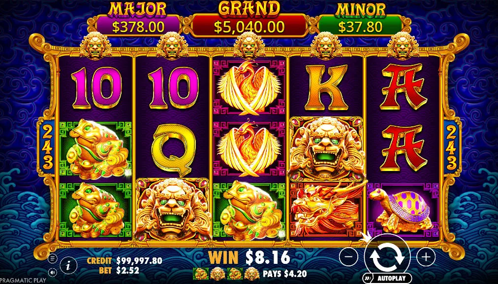 A winning combination in the 5 Lions Gold slot featuring the Golden Lion Wild symbol on reel 3, which helps connect high-value symbols for a larger payout.