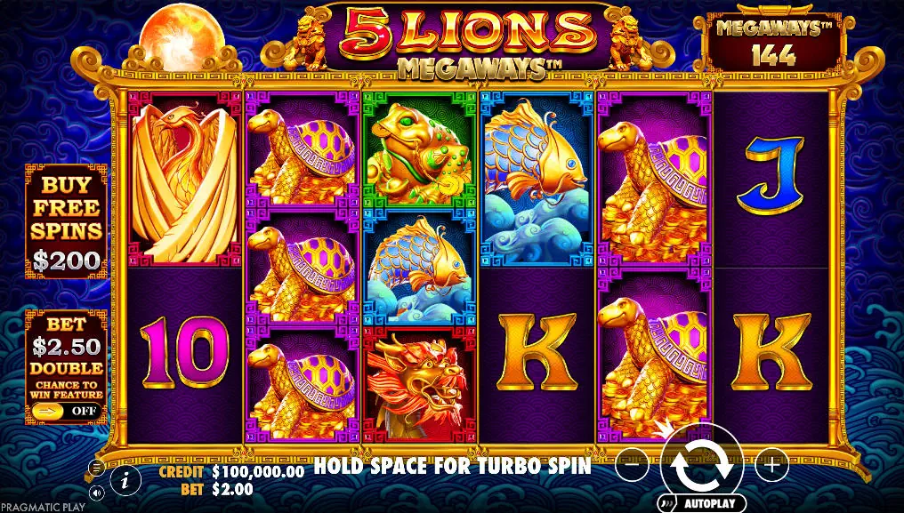 The main game grid of 5 Lions Megaways slot, showing the 6-reel layout with Asian-themed symbols and the Megaways counter at the top right.
