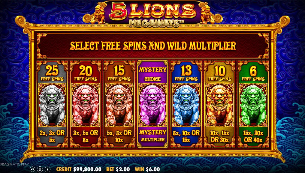 The bonus selection screen in 5 Lions Megaways, displaying the seven choices for free spins and multiplier ranges for the player to decide their volatility.