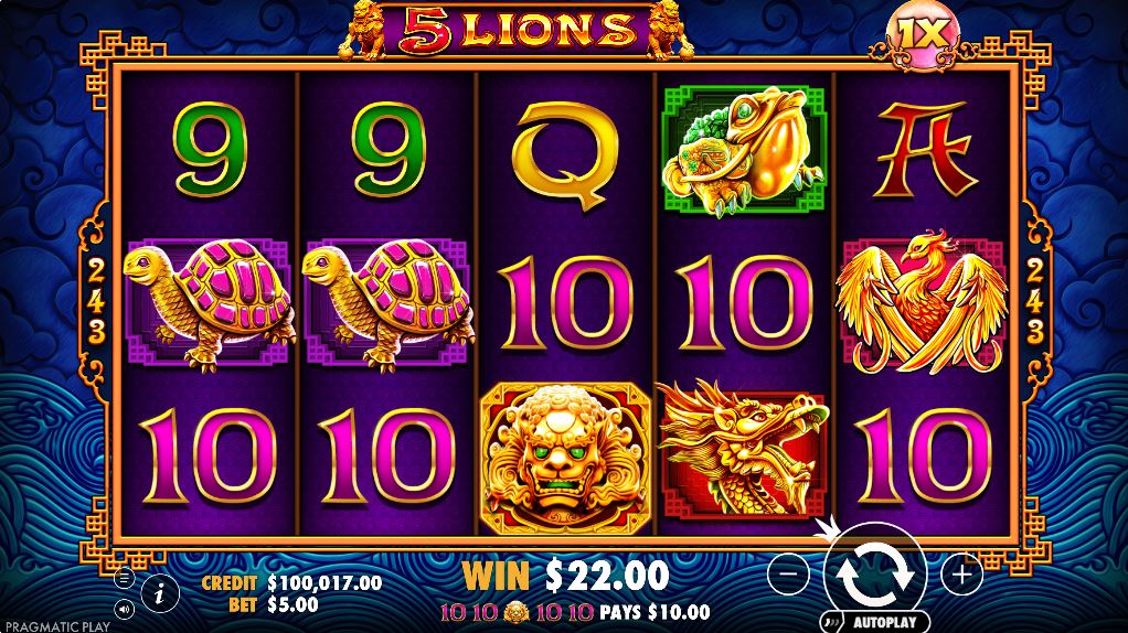The base game grid of the 5 Lions slot showing the 5x3 reel layout and traditional Asian symbols.