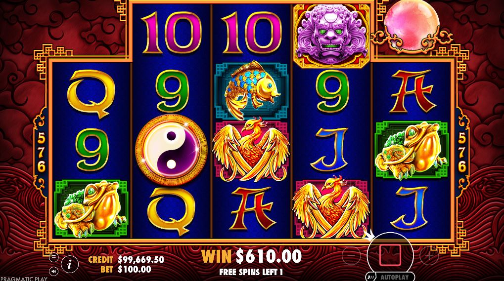 Gameplay during the 5 Lions free spins round with the expanded grid providing 576 ways to win.