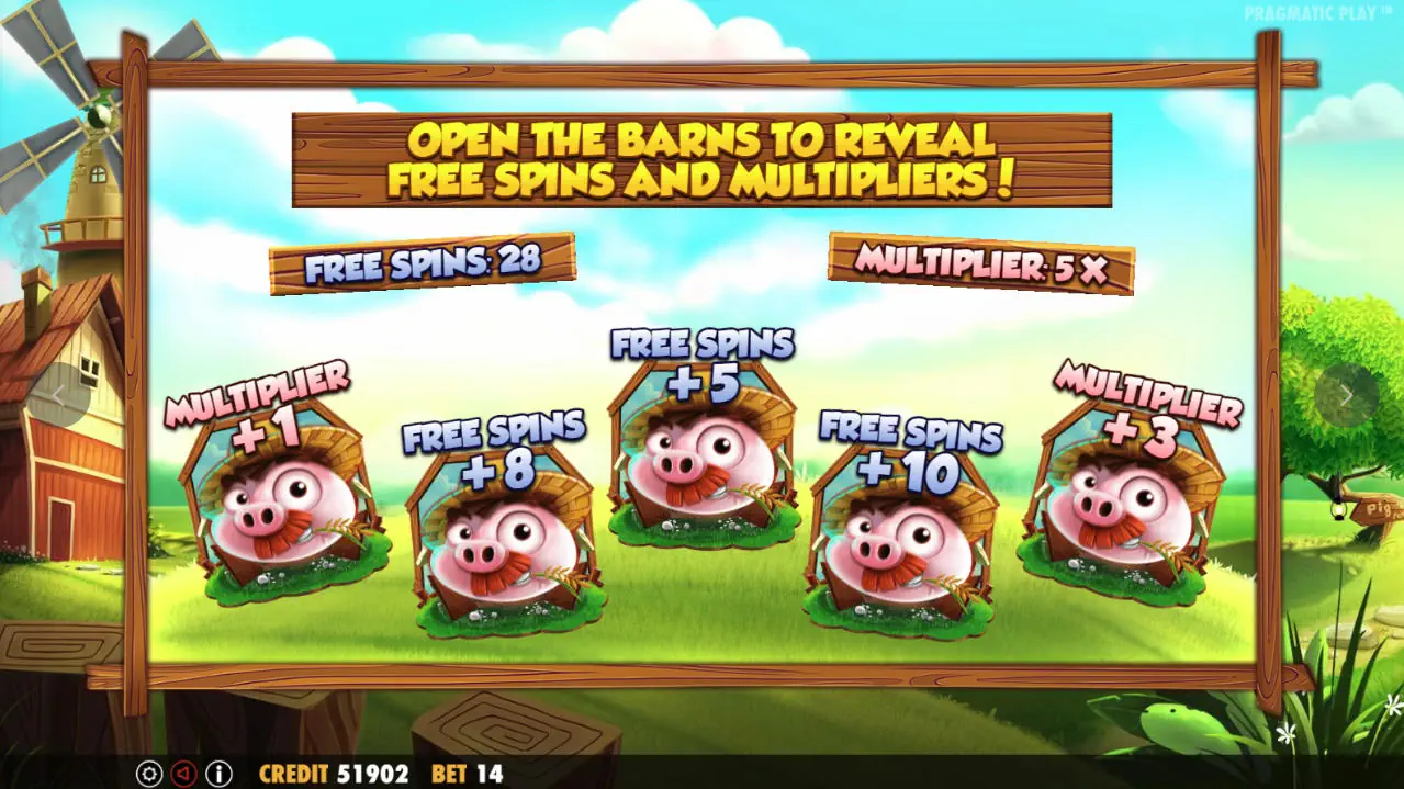 The interactive 'Barn Pick' bonus screen in 7 Piggies, where the player clicks scatters to reveal multipliers and extra free spins.