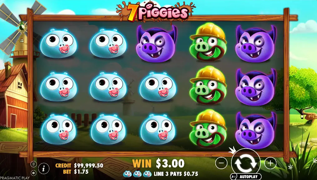 The base game grid of the 7 Piggies slot, showcasing the stacked pig symbols on the 5x3 reels, which is a core mechanic for winning.