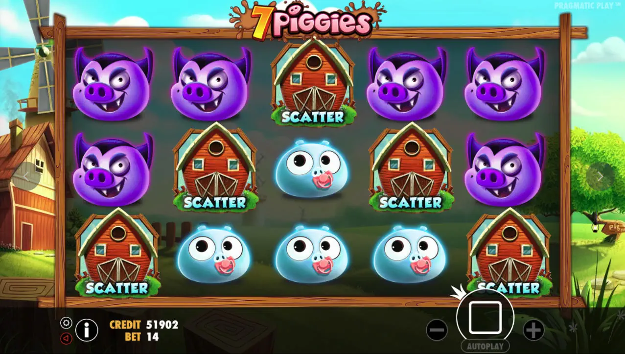 Three red barn Scatter symbols landing on the reels of 7 Piggies, triggering the interactive Free Spins bonus feature for the player.