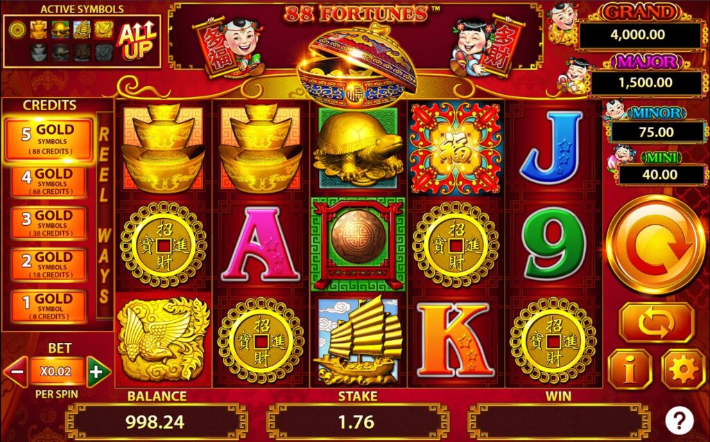 Main game screen of the 88 Fortunes slot displaying the 5x3 reel grid, symbols including Fu Bat Wild, and jackpot indicators.