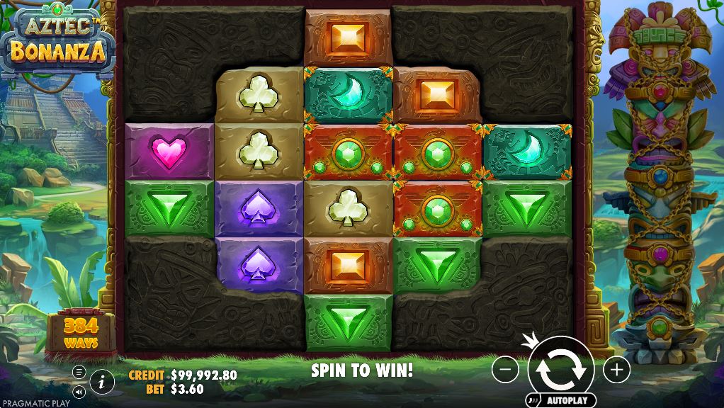 The initial 5x6 grid of the Aztec Bonanza slot with all four corners blocked by stone symbols.