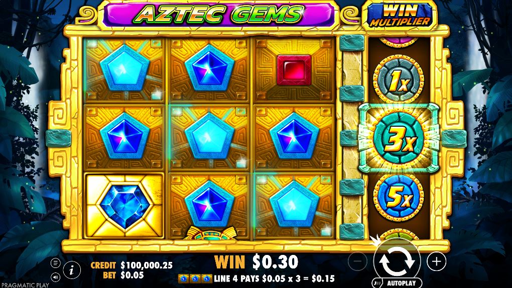 Main game screen of the Aztec Gems slot showcasing the 3+1 reel layout and jungle theme.