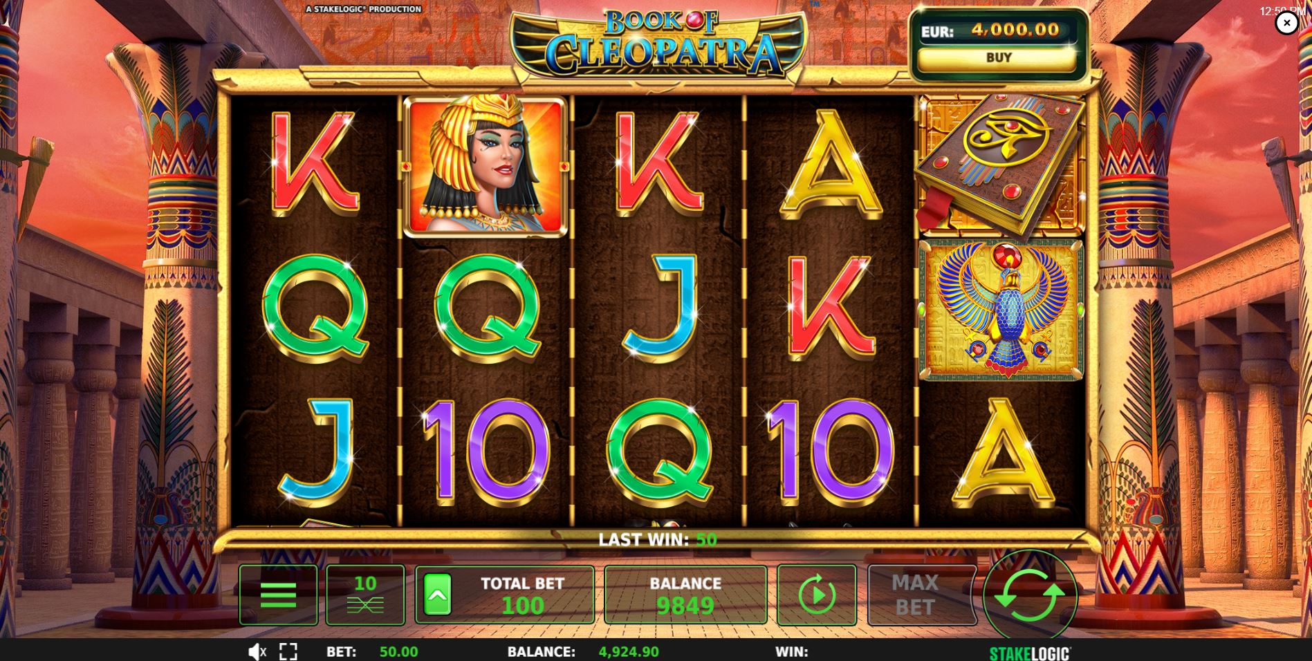 The main game grid of the Book of Cleopatra slot, showing the 5x3 reel layout against an ancient Egyptian temple backdrop.