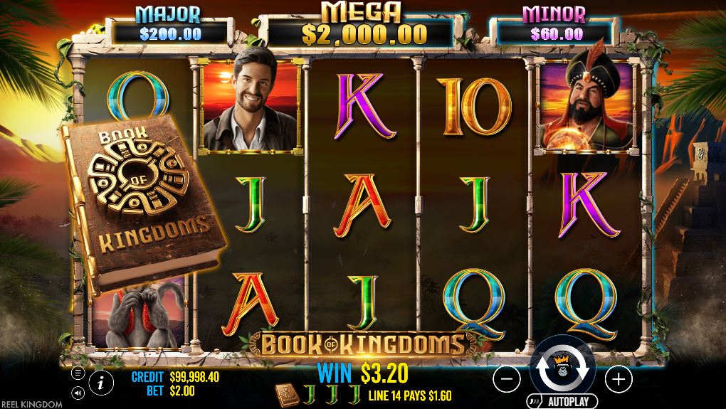 Book of Kingdoms slot gameplay with character symbols on a 5x3 grid.