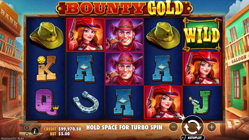 Base game screen of the Bounty Gold slot showing the 5x3 reel layout and Wild West theme.