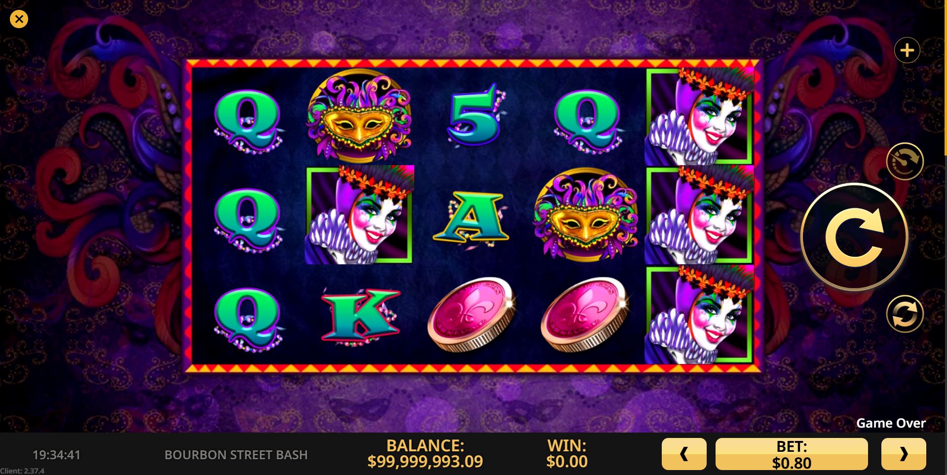A view of the main 5x3 reel grid in the Bourbon Street Bash slot demo showing various carnival symbols.