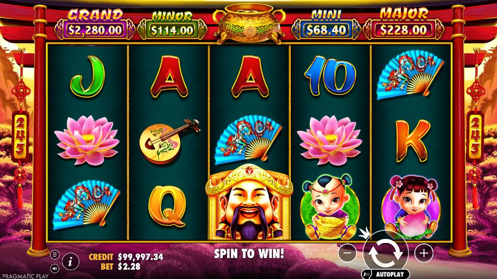 The base game screen of the Caishen's Gold slot, showcasing the 5x3 reel layout and traditional Asian symbols.