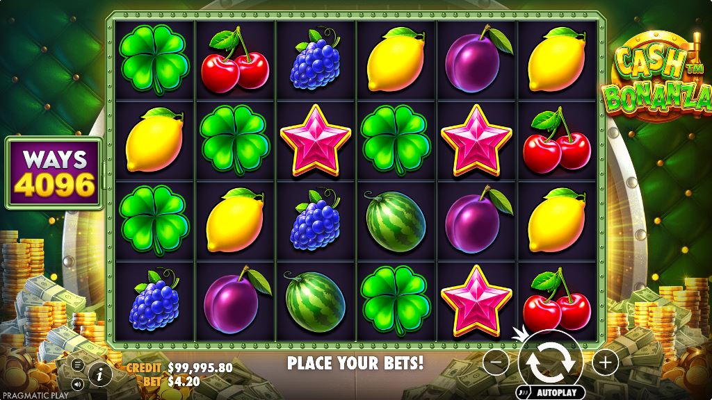 Cash Bonanza slot base game screen with 6x4 reel layout and fruit symbols.