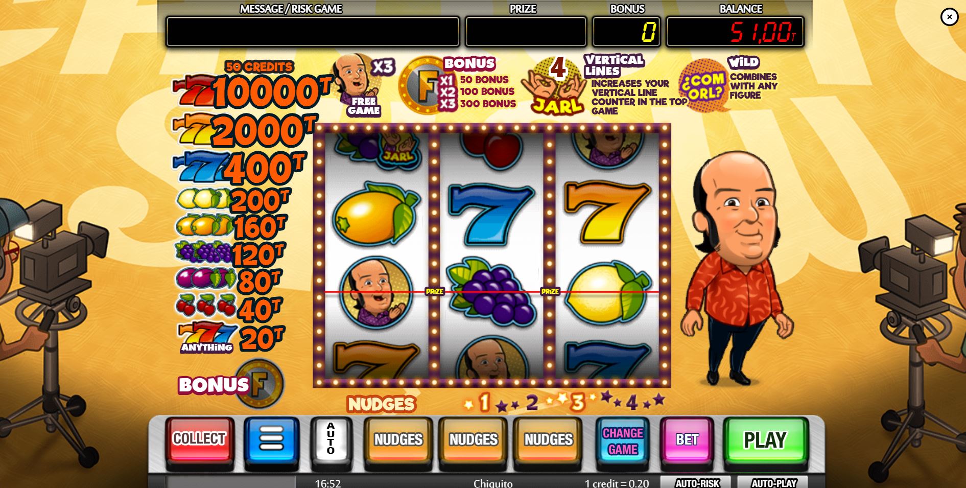 The main game screen of the Chiquito slot, showing the 3x3 reel layout with one active payline and classic fruit symbols.