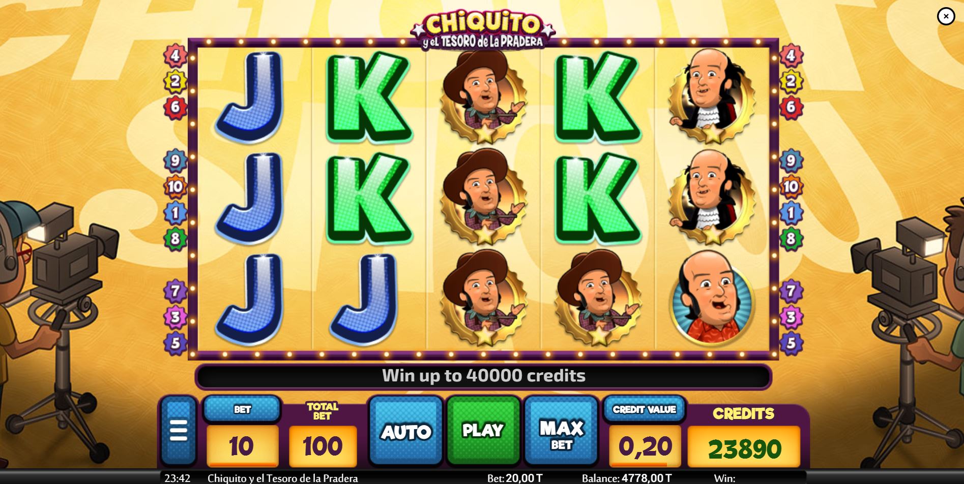 The base game screen of the Chiquito y el Tesoro de la Pradera slot, showing the 5x3 reel layout.