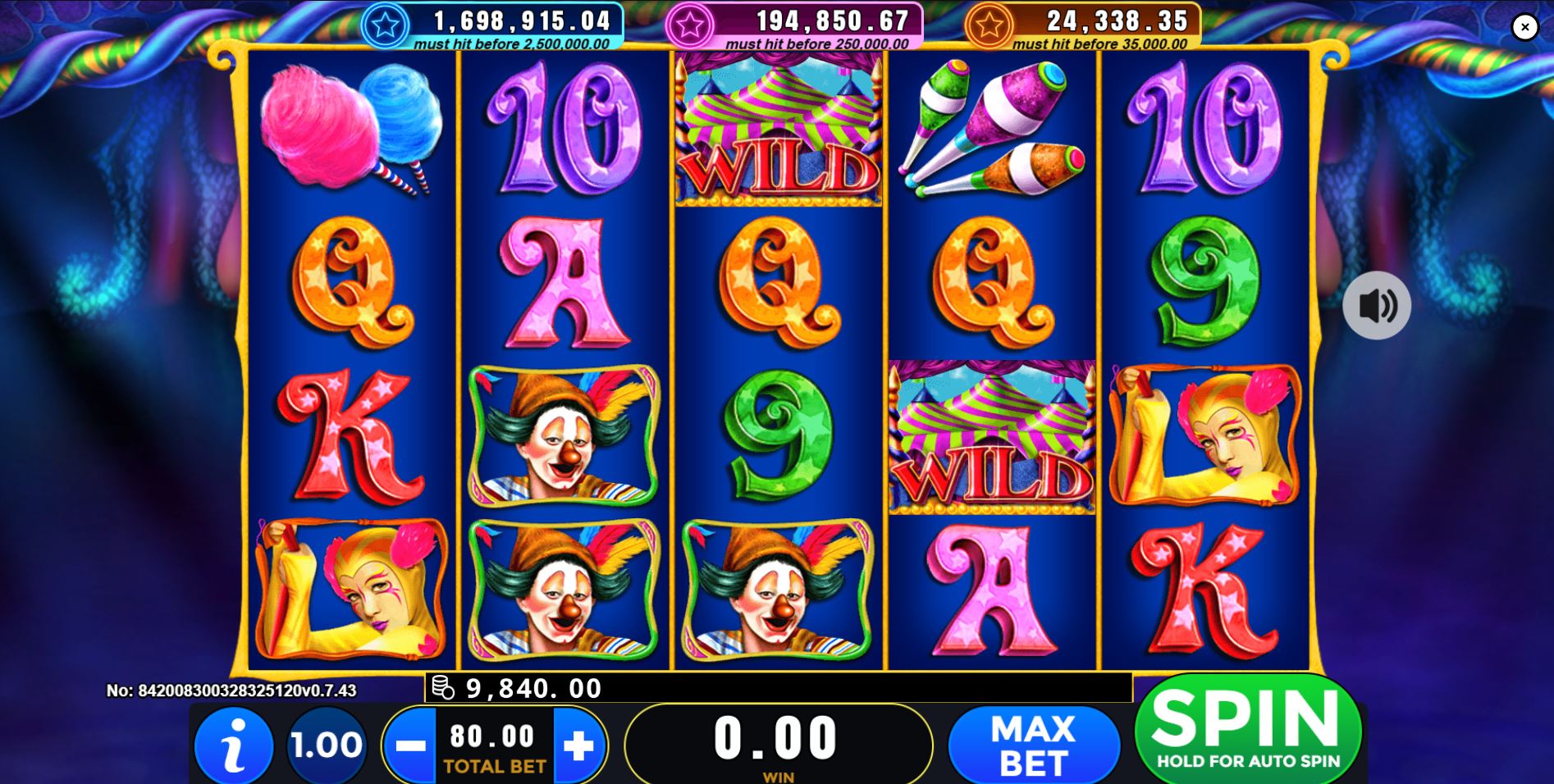 The main 5x3 game screen of the Circus Carnival slot, showcasing the vibrant symbols and the three progressive jackpot meters at the top.