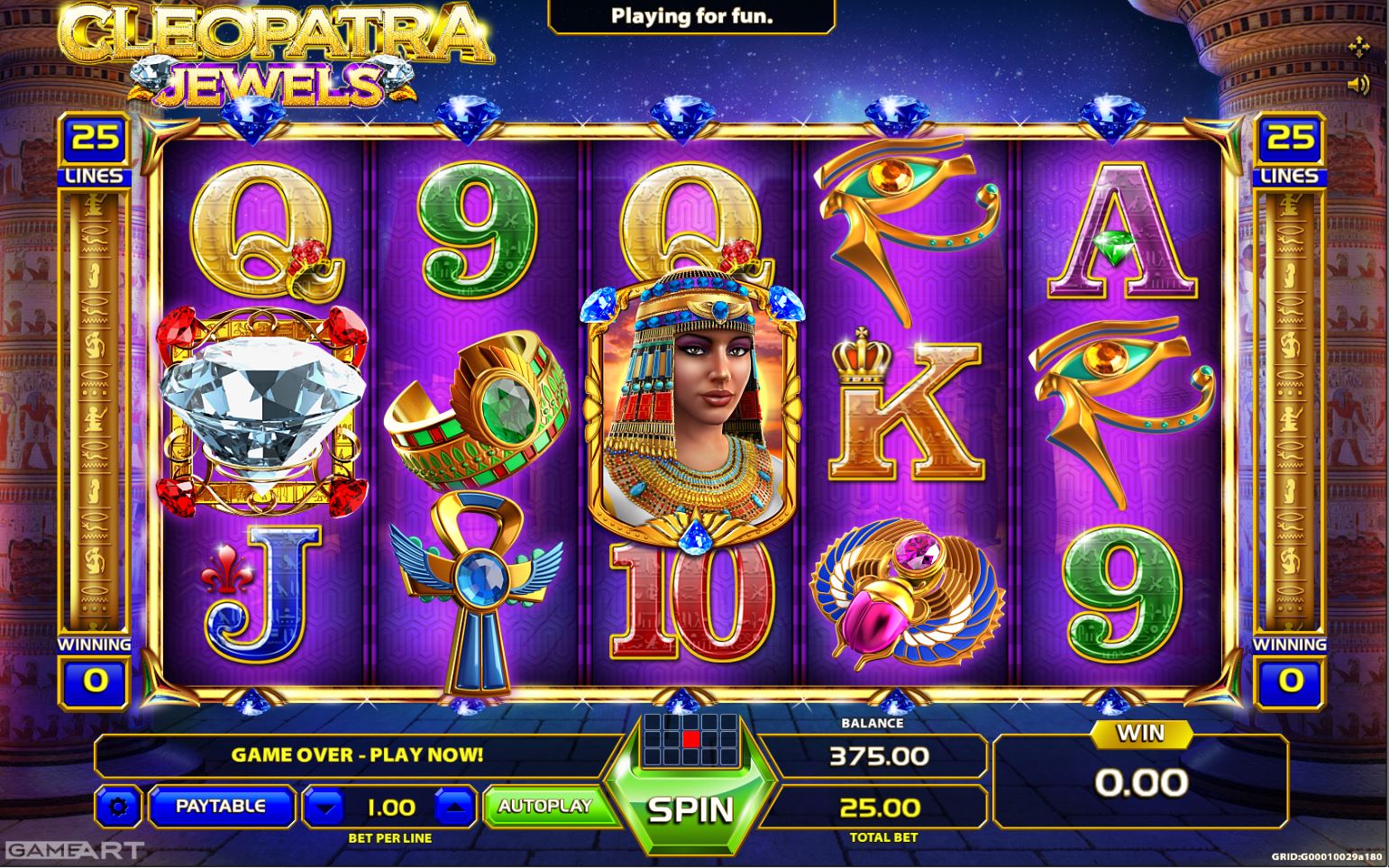 The base game screen of the Cleopatra Jewels slot, showing the 5x3 reel layout and Egyptian-themed symbols.