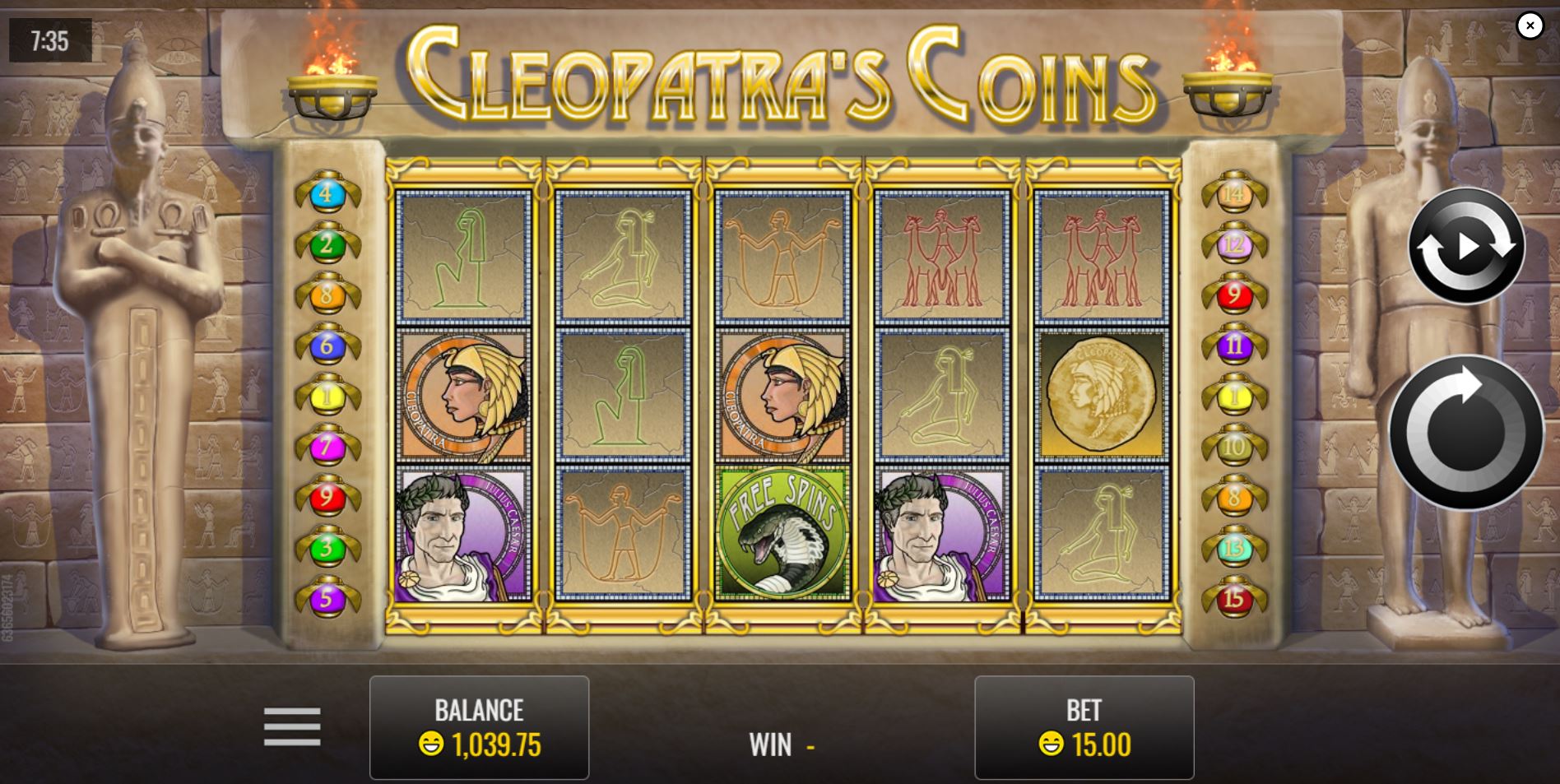 The main game screen of the Cleopatra's Coins slot, showing the 5x3 reel layout and ancient Egyptian symbols.