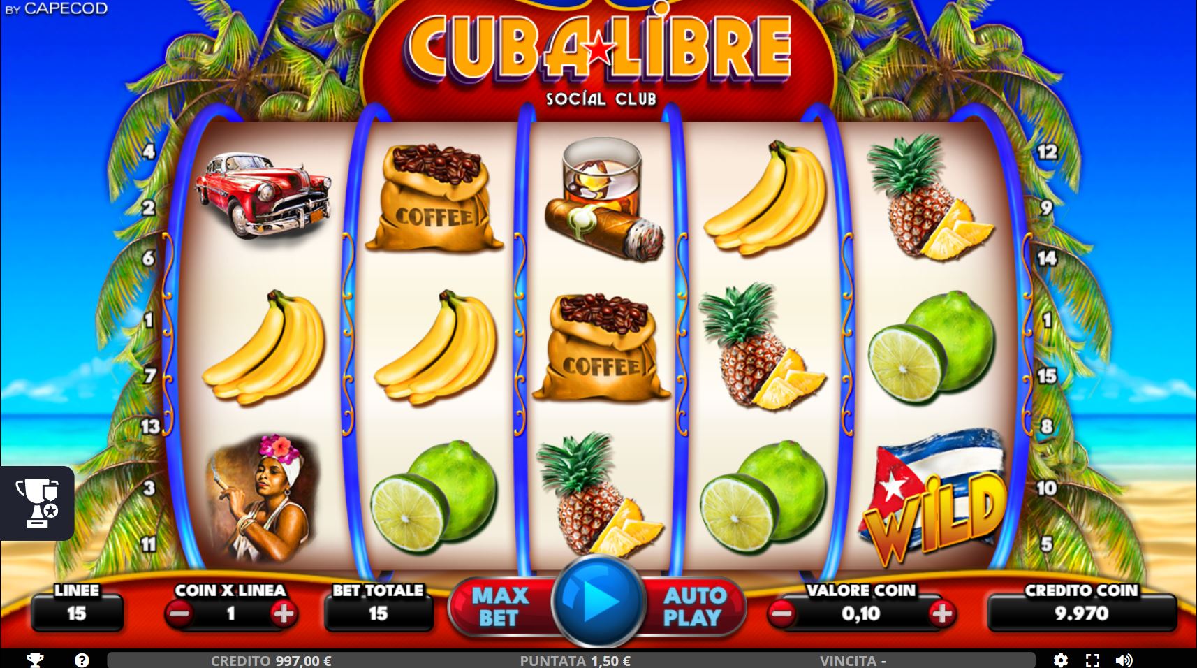 The main 5x3 game grid of the Cuba Libre slot, showing the vibrant Cuban beach theme and symbols on the reels.