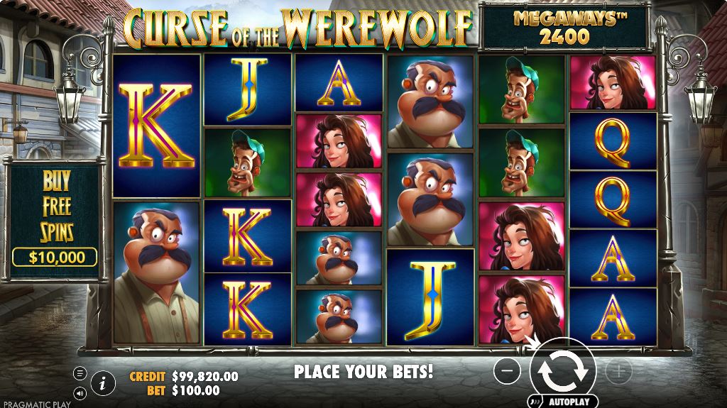 Base game view of the Curse of the Werewolf Megaways slot showing the 6x6 reel layout.