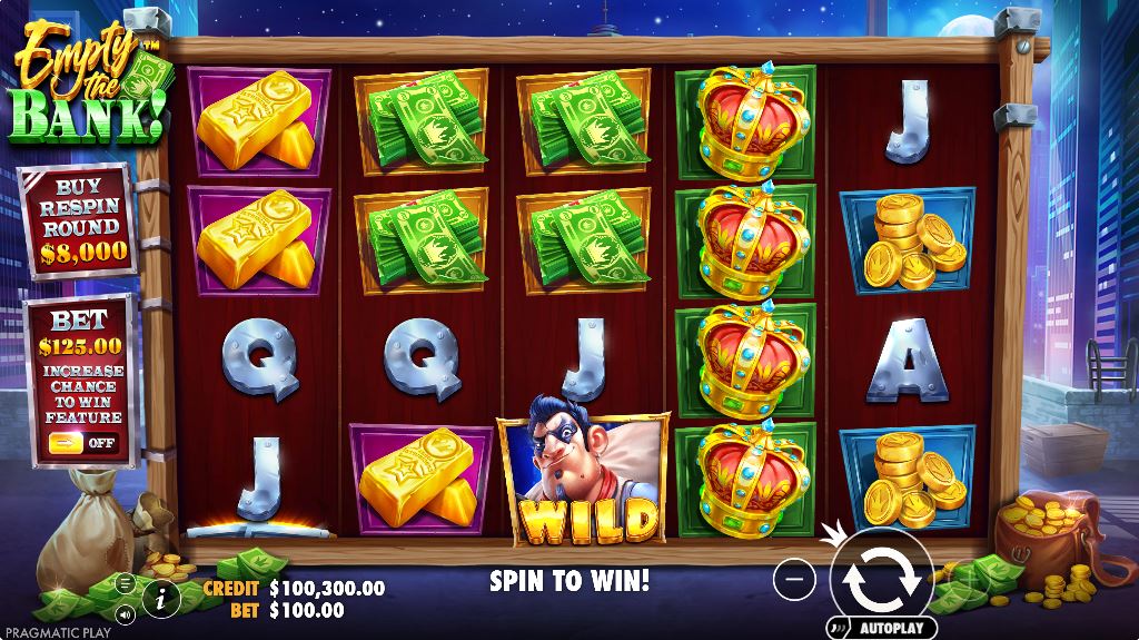 Empty the Bank slot base game screen with 5x4 reels and heist theme symbols.