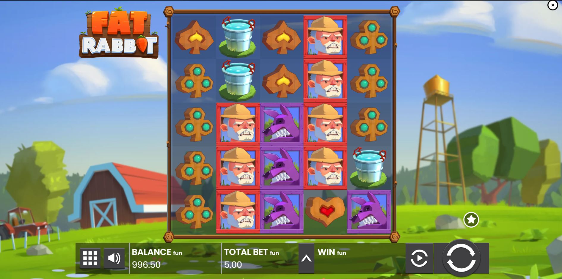 The base game grid of the Fat Rabbit slot, showing the 5x5 layout and farm-themed symbols.