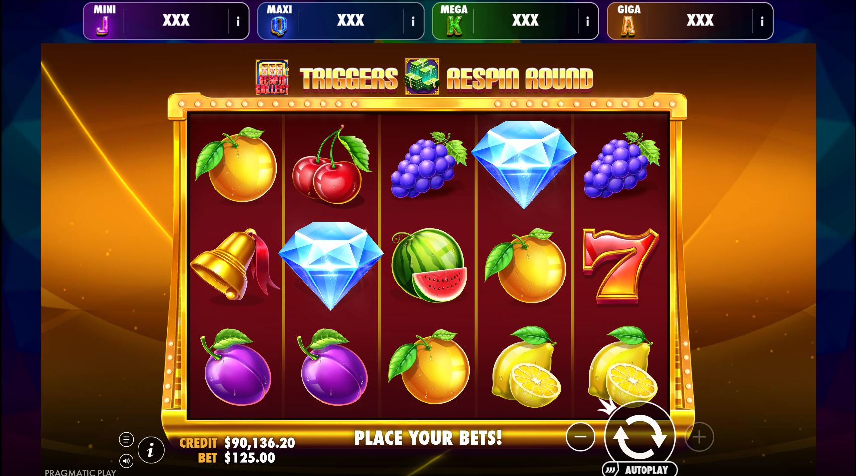 The main 5x3 game grid of the Fruit Feestje slot, showcasing the classic fruit symbols and jackpot tickers above.