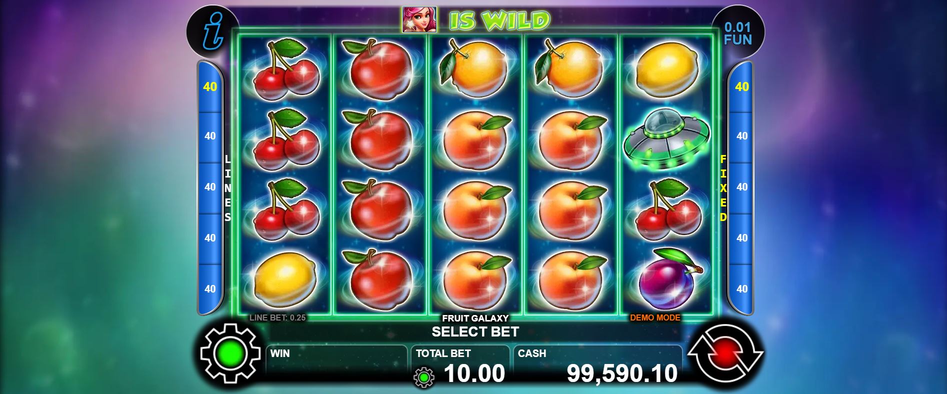 he 5x4 game grid of the Fruit Galaxy slot, showing a mix of fruit symbols, the space background, and the user interface.