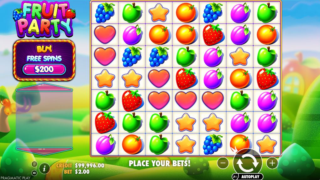 Fruit Party slot base game grid with fruit symbols on a 7x7 layout.