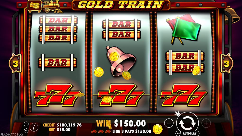 A winning combination of Lucky 7 symbols on the reels of the Gold Train slot.