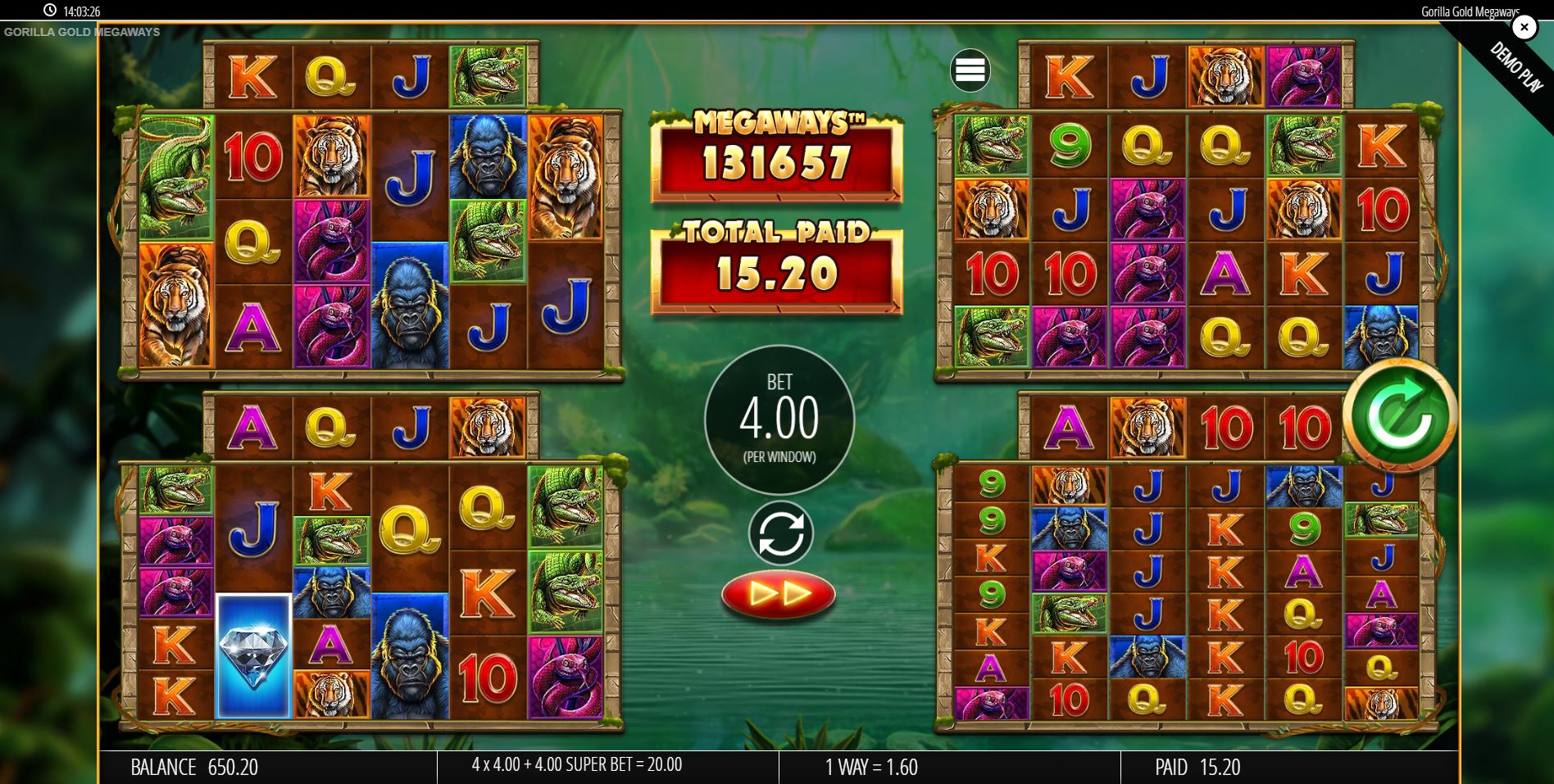 The four-grid layout of the Gorilla Gold Megaways slot in the base game, showing all reel sets active.