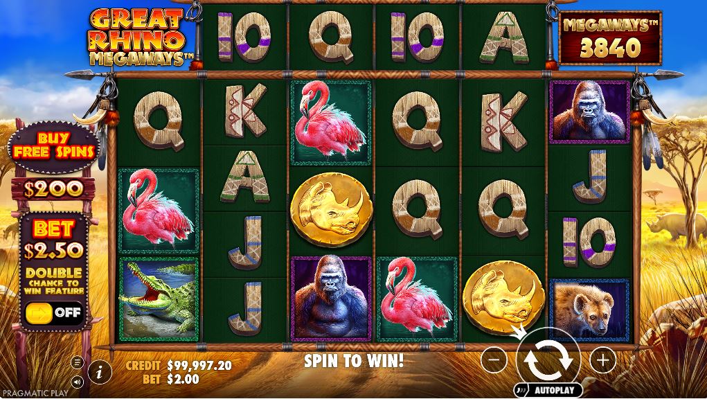 Great Rhino Megaways slot base game screen with the Megaways display