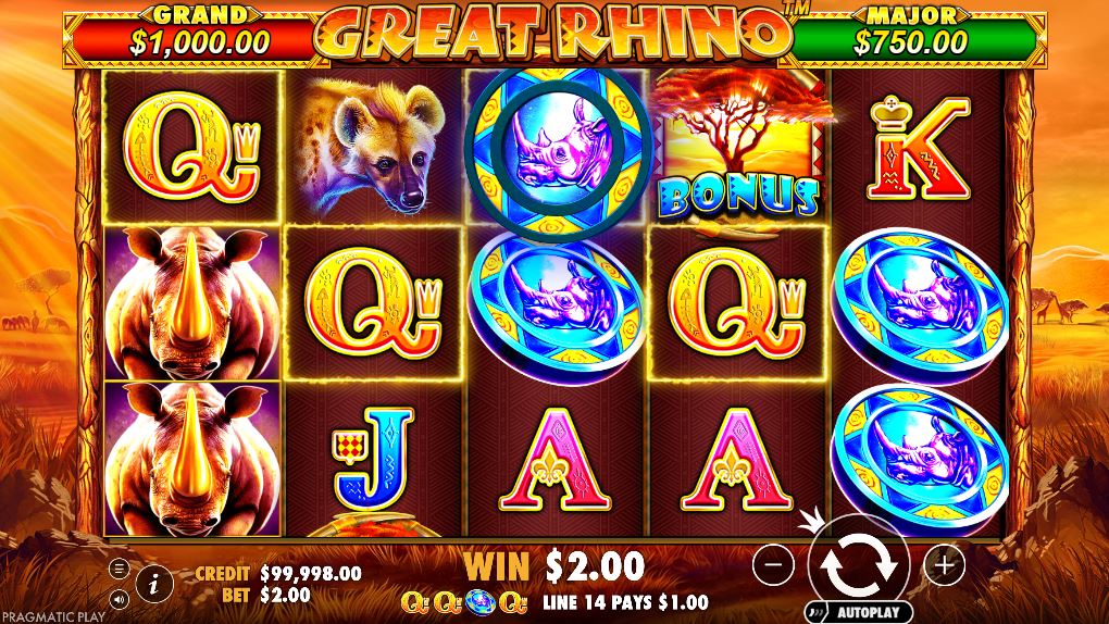 Gameplay screen of the Great Rhino slot showcasing the African safari theme.