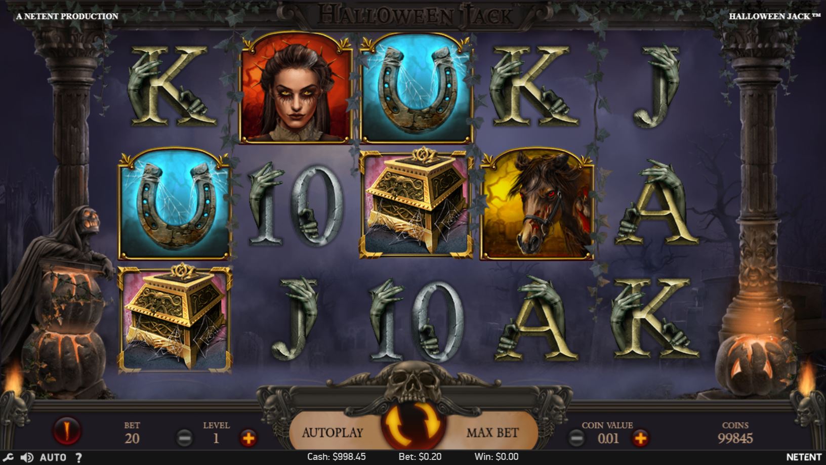The base game screen of the Halloween Jack slot, showing the 5x3 reel layout against a spooky graveyard background.