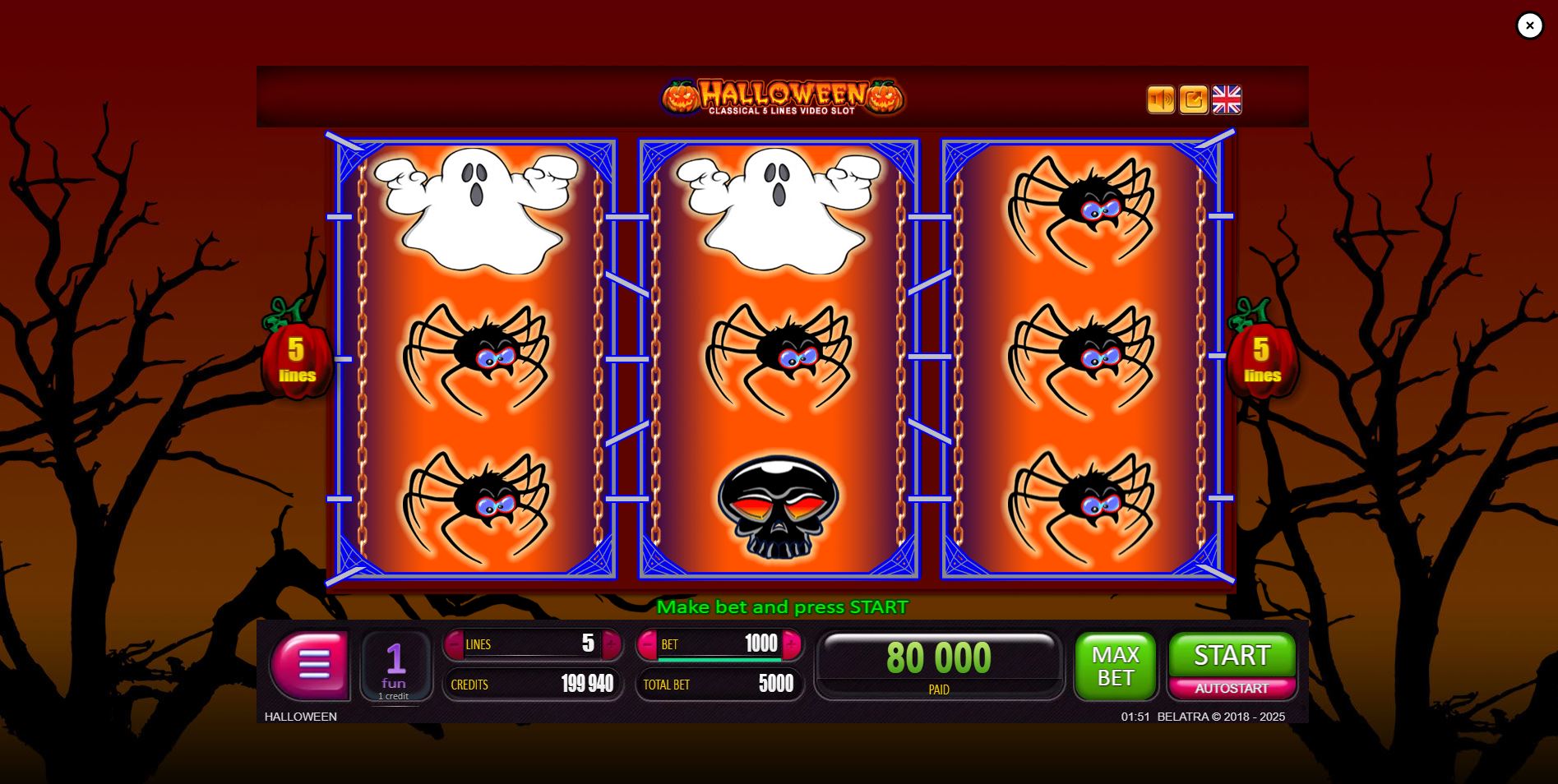 The base game screen of the Halloween online slot by Belatra, showing the classic 3x3 reel layout and spooky symbols.