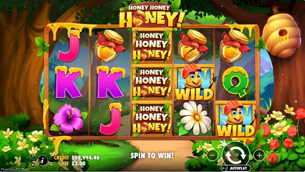 Honey Honey Honey slot base game view with the 5x3 reel layout and cartoon symbols.