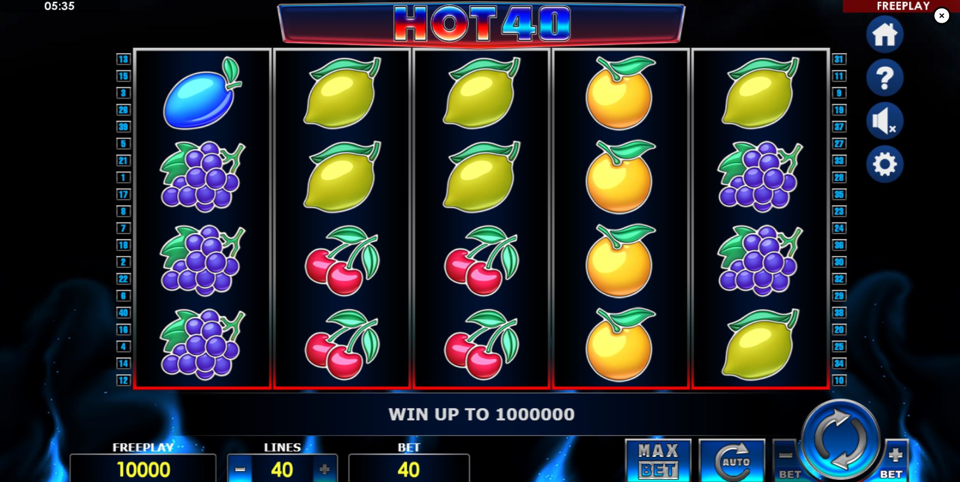 The 5x4 reel layout of the Hot 40 online slot by Amatic, displaying classic fruit symbols and the game interface.