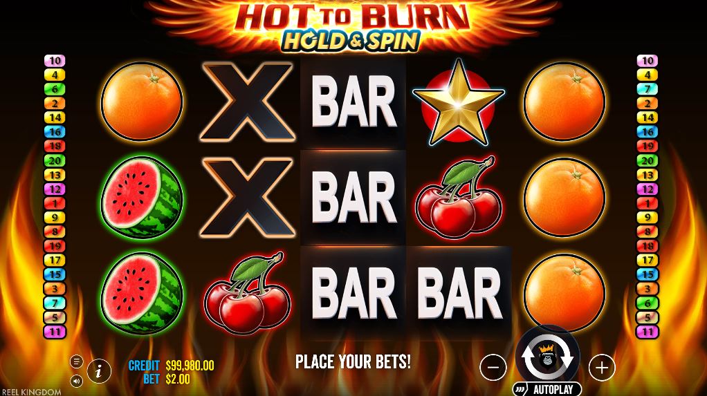  Hot to Burn Hold and Spin slot base game screen with classic fruit symbols.