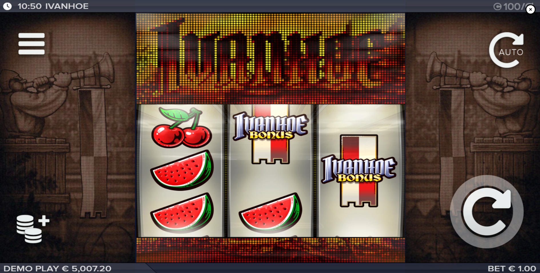 The 3x3 reel layout of the Ivanhoe slot by ELK Studios, showing the retro dot matrix display above the classic fruit and BAR symbols.