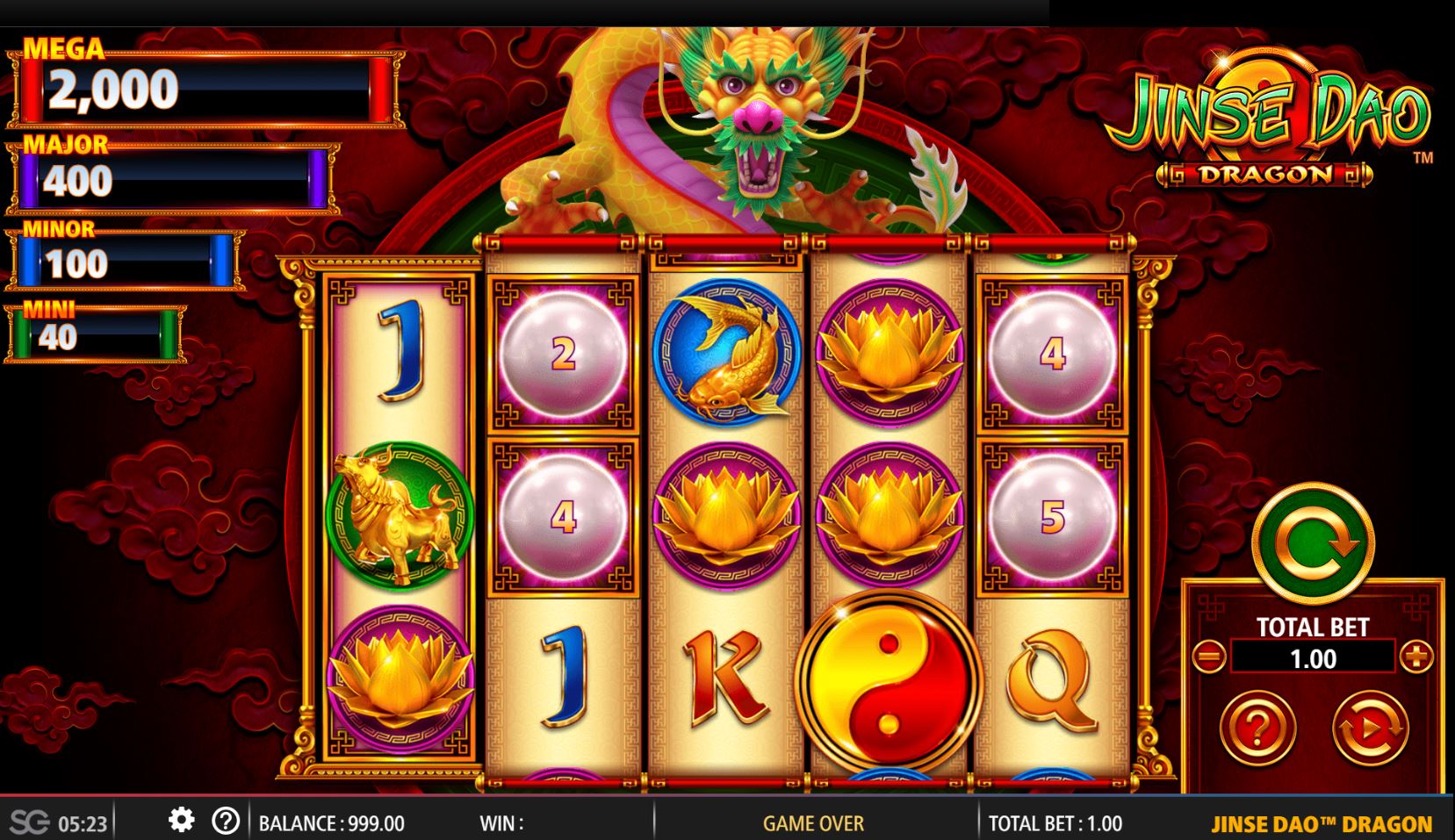 The base game screen of Jinse Dao Dragon slot, showing the 5x3 reel layout and traditional Asian symbols.
