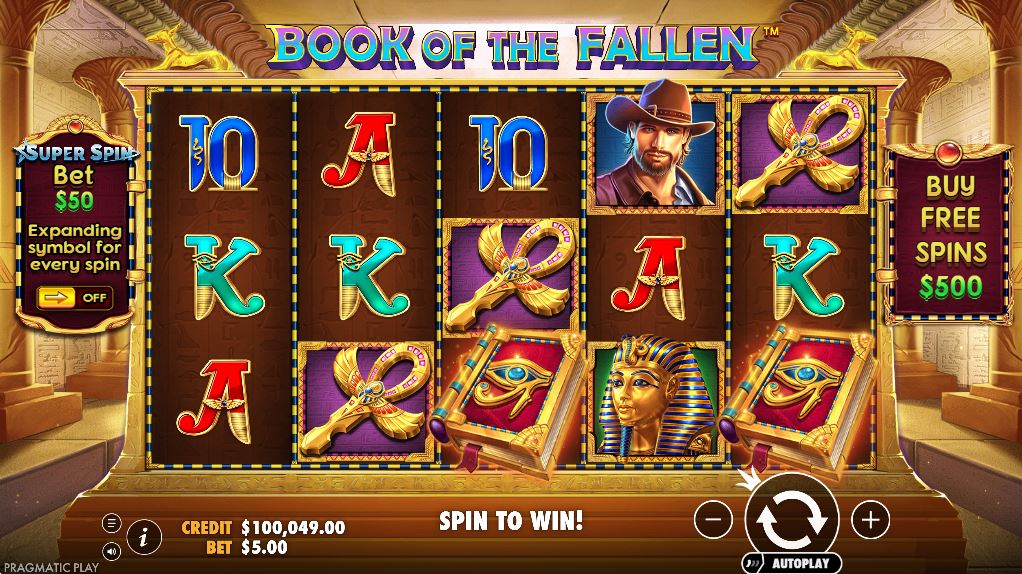 John Hunter and the Book of the Fallen slot machine base game screen with Egyptian symbols.