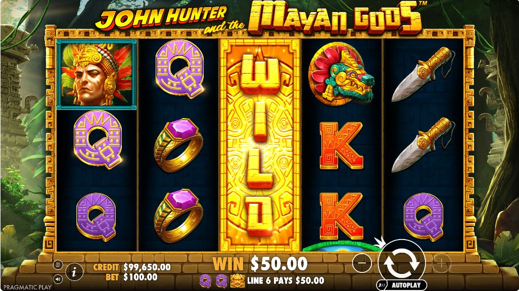 The base game screen of John Hunter and the Mayan Gods slot with a 5x3 reel layout.