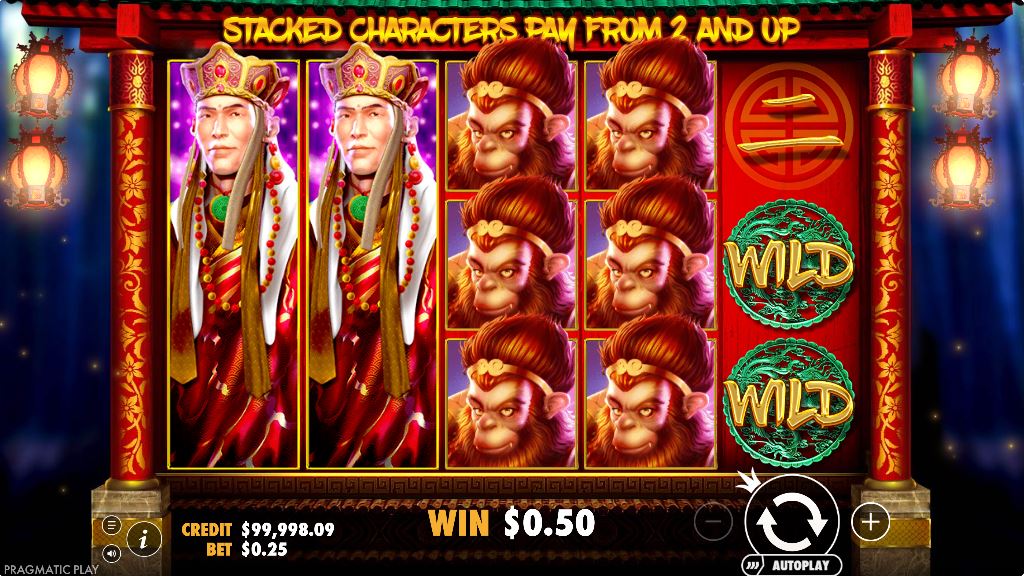 Base game screen of the Journey to the West slot showing the 5x3 reel layout and main characters.